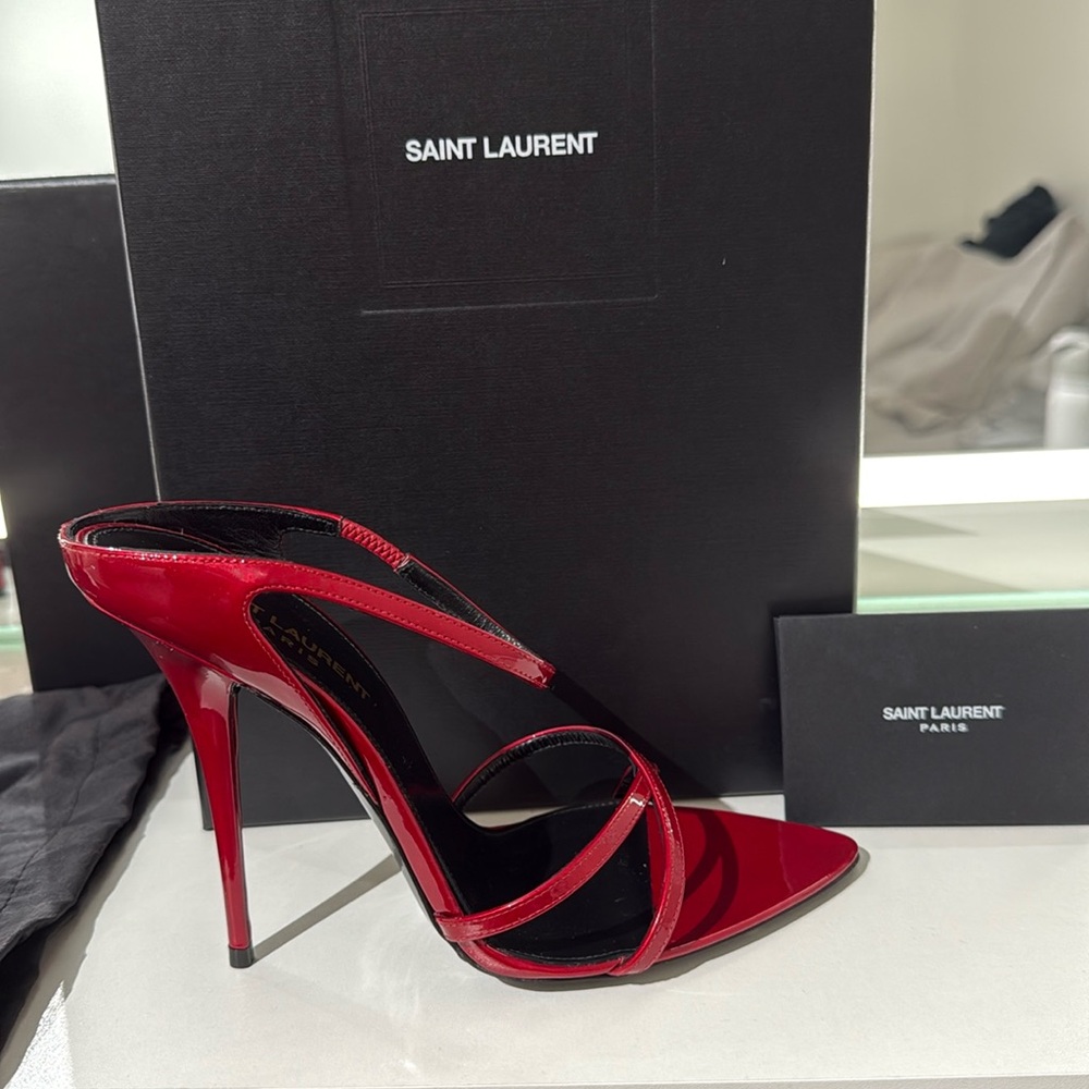 Saint Laurent Red Patent Leather Strappy Pointed Toe Heels - Picture 6 of 7